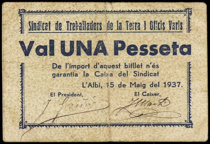 World Banknotes
1 Pesseta. 15 Maig 1937. L´ ALBI. SINDICAT DE TREBALLADORS DE L...