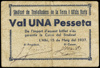 World Banknotes
1 Pesseta. 15 Maig 1937. L´ ALBI. SINDICAT DE TREBALLADORS DE LA TERRA I OFICIS VARIS. (Sucio). MUY RARO. RGH-6120; T-89. MBC.