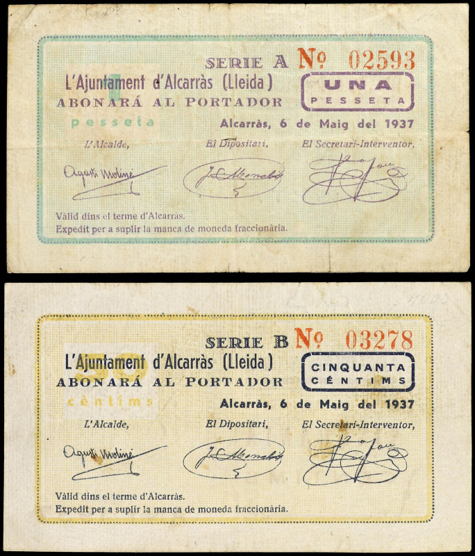 World Banknotes
Lote 2 billetes 50 Cèntims y 1 Pesseta. 6 Maig 1937. Aj. d´ ALC...