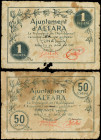 World Banknotes
Lote 2 billetes 50 Cèntims y 1 Pesseta. 14 Juliol 1937. Aj. D´ ALFARA. Con las dos firmas y numerados a mano. (Sucios, roturas). RARO...