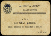 World Banknotes
1 Pesseta. 1937. Aj. d´ ALMOSTER. Cartulina. Cruz del escudo tapada con tinta negra. Sin sello tampón. (Algo sucio). MUY ESCASOS. AT-...