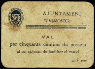 World Banknotes
50 Cèntims. 1937. Aj. d´ ALMOSTER. Cartulina. Cruz del escudo tapada con tinta negra. Sin sello tampón. (Sucio). MUY ESCASOS. AT-126c...