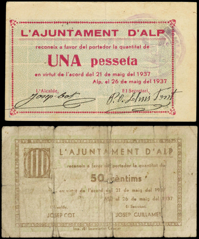 World Banknotes
Lote 2 billetes 50 Cèntims y 1 Pesseta. 26 Maig 1937. Aj. d´ AL...