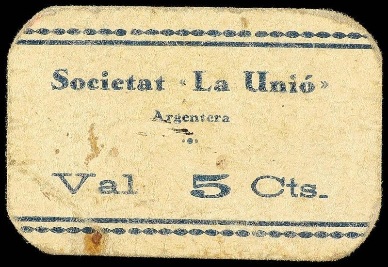 World Banknotes
5 Cèntims. Societat La Unió ARGENTERA. Cartón. RARÍSIMO. AL-272...