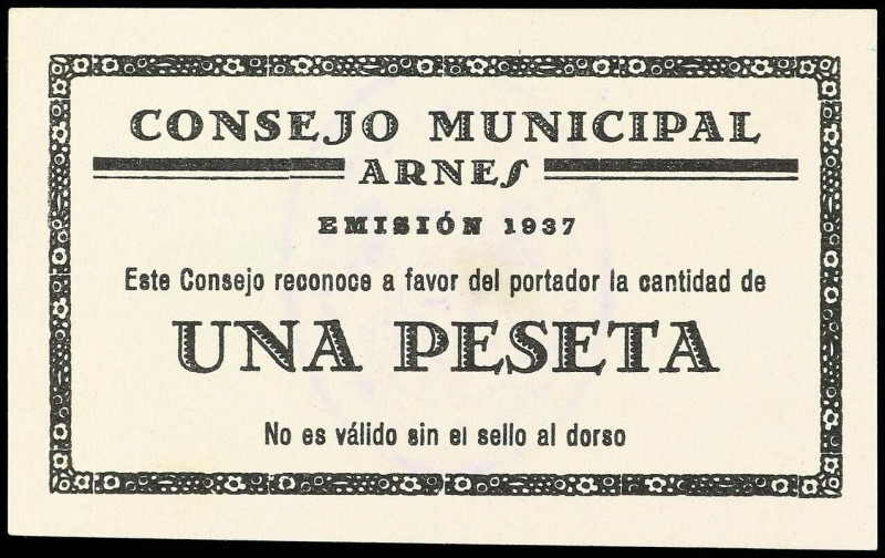 World Banknotes
1 Peseta. Emisión 1937. C.M. de ARNES. Escrito en castellano. A...