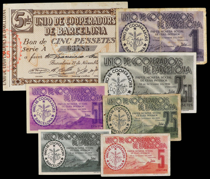 World Banknotes Lots
Lote 7 billetes 5 Cèntims a 5 Pessetes. 14 Setembre 1936 y...