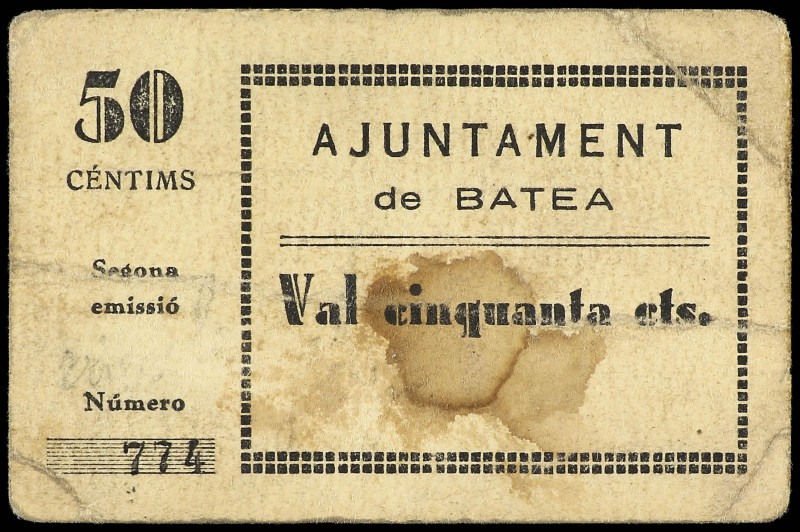 Catalonia
50 Cèntims. Aj. de BATEA. Cartulina. (Manchas). MUY ESCASO. AT-326. M...