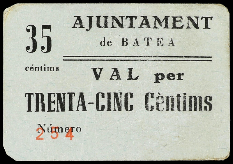 Catalonia
35 Cèntims. Aj. de BATEA. Cartulina. Sin sello tampón. ESCASO. AT-328...