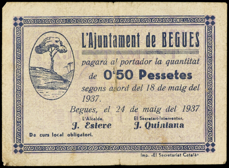 Catalonia
0´ 50 Pessetes. 18 Maig 1937. Aj. de BEGUES. AT-341. MBC.