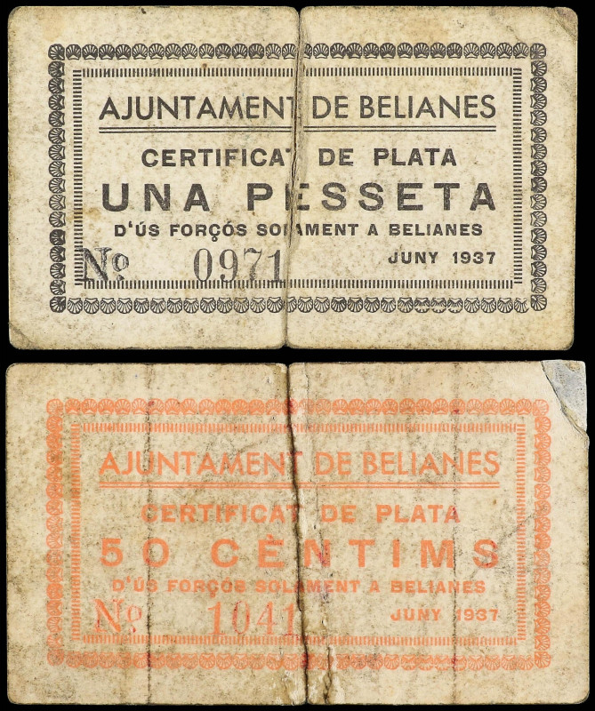 Catalonia
Lote 2 billetes 50 Cèntims y 1 Pesseta. Juny 1937. Aj. de BELIANES. F...