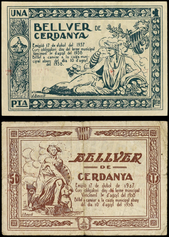 Catalonia
Lote 2 billetes 50 Cèntims y 1 Pesseta. 17 Juliol 1937. Aj. de BELLVE...