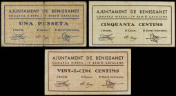 Catalonia
Lote 3 billetes 25, 50 Cèntims y 1 Pesseta. 31 juliol 1937. C.M de BENISSANET. (Uno roturas). AT-419/21. MBC a EBC-.