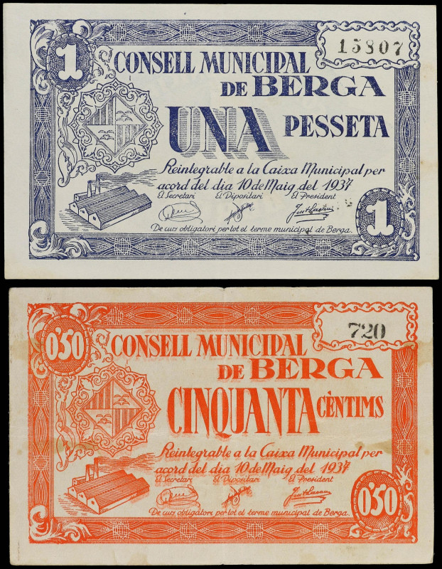 Catalonia
Lote 2 billetes 50 Cèntims y 1 Pesseta. 10 Maig 1937. C.M. de BERGA. ...