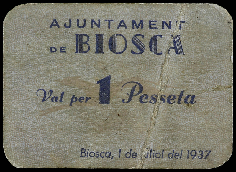 Catalonia
1 Pesseta. 1 Juliol 1937. Aj. de BIOSCA. Cartulina. (Algo sucio). ESC...