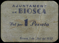 Catalonia
1 Pesseta. 1 Juliol 1937. Aj. de BIOSCA. Cartulina. (Algo sucio). ESCASO. AT-441. MBC+.