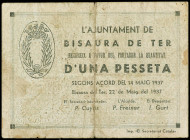 Catalonia
1 Pesseta. 14 Maig 1937. Aj. de BISAURA DE TER. (Pequeñas roturas y manchitas). AT-443. MBC.