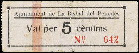 Catalonia
5 Cèntims. Aj. de LA BISBAL DEL PENEDÈS. RARO. AT-459; RGH-7099. MBC.