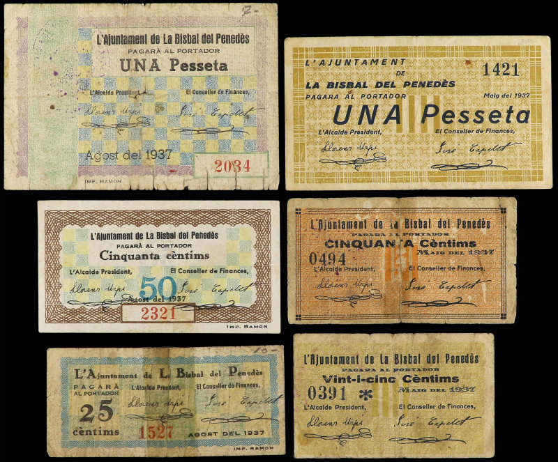 Catalonia
Lote 6 billetes 25 Cèntims a 1 Pesseta. Aj. de LA BISBAL DEL PENEDÈS....