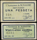 Catalonia
Lote 2 billetes 25 Cèntims y 1 Pesseta. Juny 1937. Aj. de BONASTRE. MUY ESCASOS. AT-476, 477. MBC+ y EBC-.