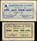 Catalonia
Lote 2 billetes 50 Cèntims y 1 Pesseta. Maig 1937. C.M. de BORDILS. (Algo sucios). ESCASOS. AT-485, 486. MBC y MBC+.