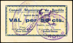 Catalonia
25 Cèntims sobre 50 Cèntims. 20 Maig 1937. C.M. de BORDILS. Tampón en violeta. MUY RARO. AT-487. MBC+.