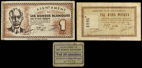 Catalonia
Lote 3 billetes 50 Cèntims y 1 Pesseta (2). Aj. de LES BORGES BLANQUES. (Algo sucios). AT-489, 492, 493. MBC a MBC+.