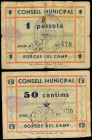 Catalonia
Lote 2 billetes 50 Cèntims y 1 Pesseta. C.M. de BORGES DEL CAMP. (Roturas). MUY RAROS. AT-494, 495. BC+.