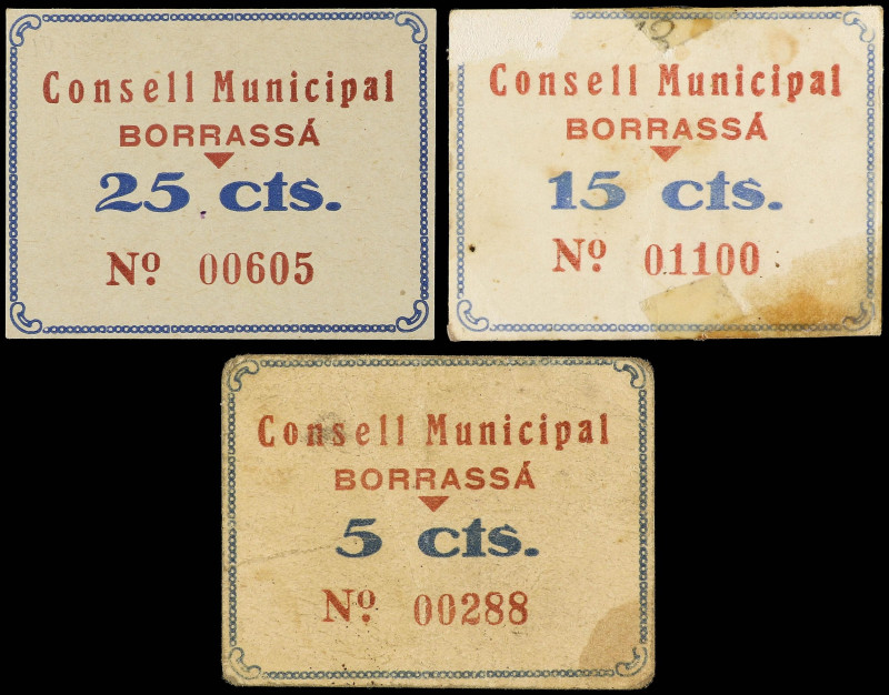 Catalonia
Lote 3 billetes 5, 15 y 25 Cèntims. C.M. de BORRASSÀ. Cartón. Serie c...