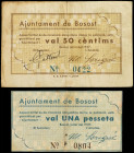 Catalonia
Lote 2 billetes 50 Cèntims y 1 Pesseta. Juliol 1937. Aj. de BOSOST. (1 Pesseta RECORTADO). AT-505, 506. MBC.