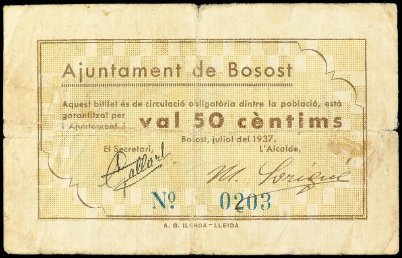 Catalonia
50 Cèntims. Juliol 1937. Aj. de BOSOST. Manchas. AT-506. MBC-.