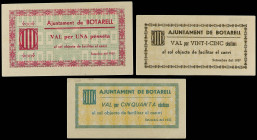 Catalonia
Lote 3 billetes 25, 50 Cèntims y 1 Pesseta. Setembre 1937. Aj. de BOTARELL. AT-519/21; RGH-7188/90. SC.