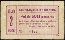 Catalonia
2 Pessetes. 25 Febrer 1937. Aj. de BOBERA. (Algo sucio). RARO. AT-522. MBC.