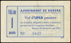 Catalonia
1 Pesseta. 25 Febrer 1937. Aj. de BOBERA. (Algo sucio). MUY ESCASO. AT-523. MBC+.