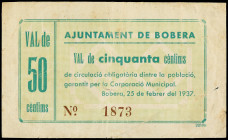 Catalonia
50 Cèntims. 25 Febrer 1937. Aj. de BOBERA. (Leve roturita, algo sucio). MUY ESCASO. AT-524. MBC+.