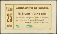 Catalonia
25 Cèntims. 25 Febrer 1937. Aj. de BOBERA. (Leve roturita en margen). MUY ESCASO. AT-525. EBC-.