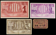 Catalonia
Lote 4 billetes 25 (2), 50 Cèntims, 1 Pesseta. Setembre 1937. Aj. d´ EL BRUCH. A EXAMINAR. AT-539/542. MBC a EBC-.