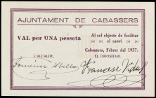 Catalonia
1 Pesseta. Febrer 1937. Aj. de CABASSERS. Serie C. Numeración bastante baja: 166. Firmas en tinta negra: Alcalde Doménec Abella, Dipositari...