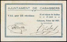 Catalonia
25 Cèntims. Febrer 1937. Aj. de CABASSERS. Serie E. Firmas en tinta negra: Alcalde Abella, Dipositari F. Vidal. (Algo sucio). MUY RARO. AT-...