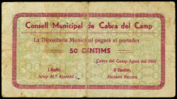 Catalonia
50 Cèntims. C.M. de CABRA DEL CAMP. Numeración muy baja 0014. Sucio. AT-553. MBC-.