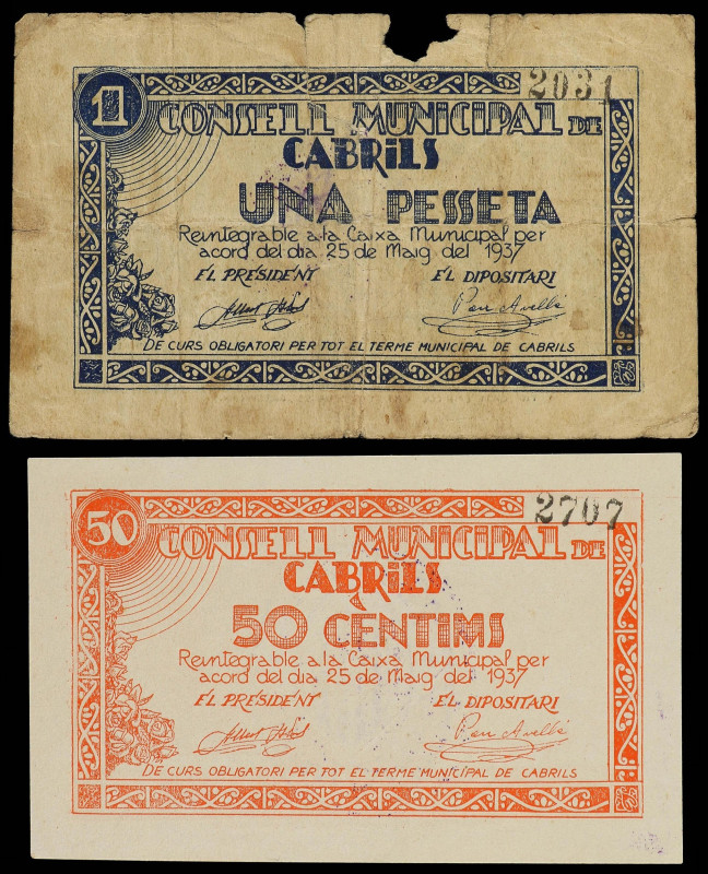 Catalonia
Lote 2 billetes 50 Cèntims y 1 Pesseta. 25 Maig 1937. C.M. de CABRILS...