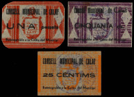 Catalonia
Lote 3 billetes 25, 50 Cèntims (2) y 1 Pesseta. C.M. de CALAF. Celuloide. AT-581, 584, 585. EBC a EBC+.