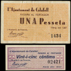 Catalonia
Lote 2 billetes 25 Cèntims y 1 Pesseta. Aj. de CALAFELL. AT-587/588. MBC y EBC.