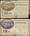 Catalonia
Lote 2 billetes 0´ 50 y 1 Pesseta. Agost 1937. C.M. de CALDERS. (Roturas). AT-589, 590. BC+ y MBC-.