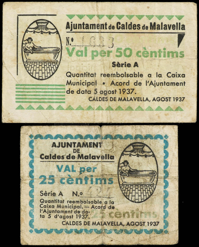 Catalonia
Lote 2 billetes 25 y 50 Cèntims. 5 Agost 1937. Aj. de CALDES DE MALAV...