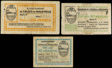 Catalonia
Lote 3 billetes 25, 50 Cèntims y 1 Pesseta. Agost 1937. Aj. de CALDES DE MALAVELLA. (Pequeñas roturas y algo sucios). AT-593/595. MBC.