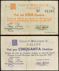 Catalonia
Lote 2 billetes 50 Cèntims y 1 Pesseta. 8 Maig 1937. C.M. de CALLÚS. AT-608, 609. MBC y MBC+.