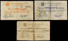 Catalonia
Lote 3 billetes 25, 50 Cèntims y 1 Pesseta. 8 Maig 1937. C.M. de CALLÚS. A EXAMINAR. AT-608/09 bis. BC a MBC.