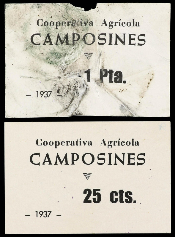 Catalonia
Lote 2 billetes 25 Cèntims y 1 Pesseta. 1937. Cooperativa Agrícola de...