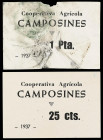 Catalonia
Lote 2 billetes 25 Cèntims y 1 Pesseta. 1937. Cooperativa Agrícola de CAMPOSINES. Turró lo cataloga como FALSO. (1 Pesseta Sucio y arrugado...