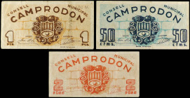 Catalonia
Lote 3 billetes 50 Cèntims, 1 y 2 Pessetes. C.M. de CAMPRODON. (Manchitas). AT-631/33. MBC a MBC+.